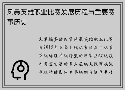 风暴英雄职业比赛发展历程与重要赛事历史